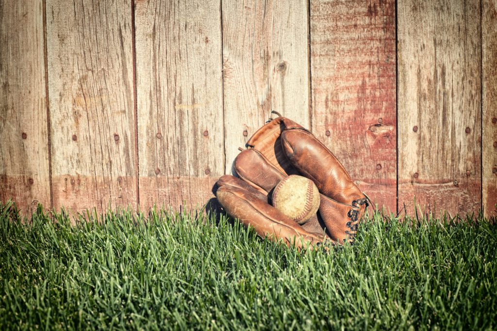 Old Baseball in a Mitt by a Fence